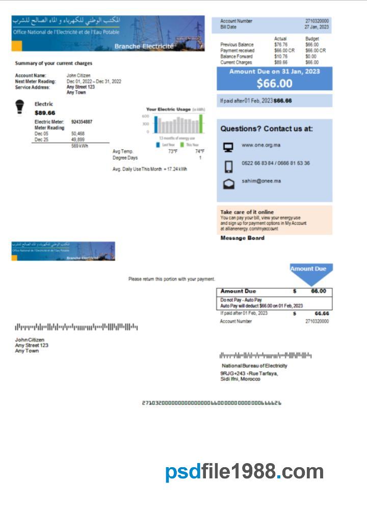 Morocco National Bureau of Electricity Utility Bill